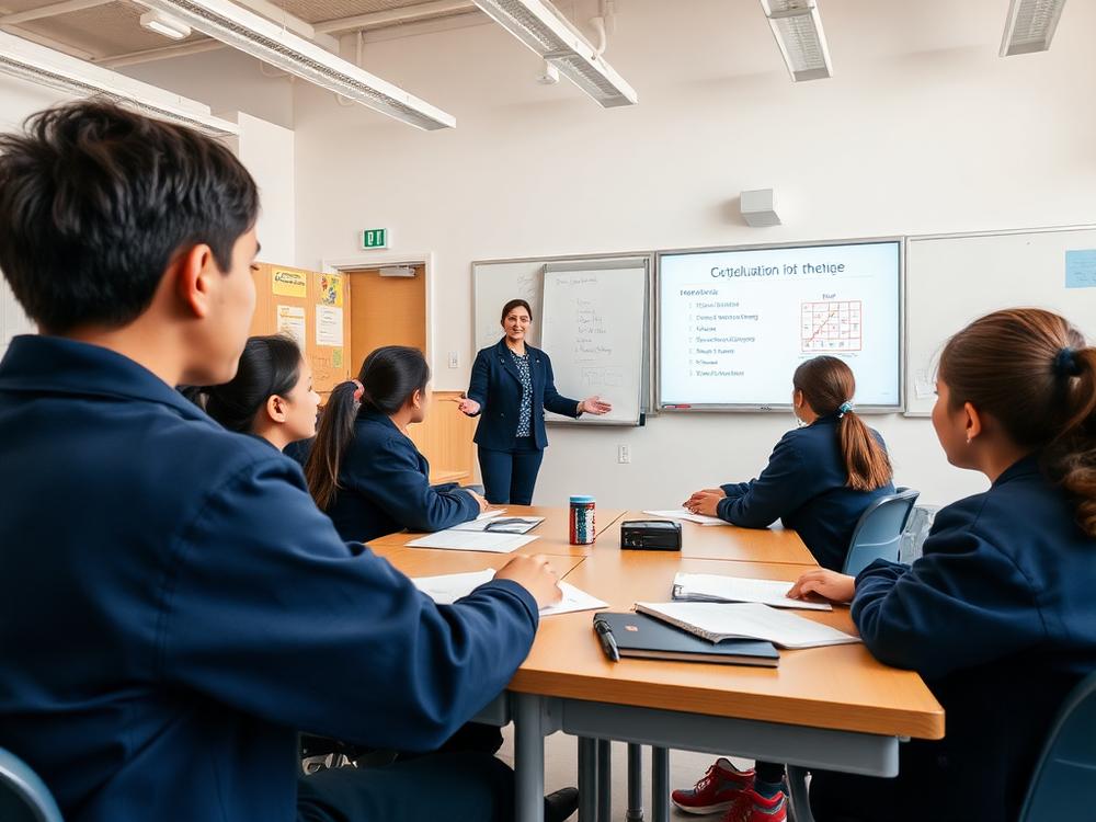 Aula bilíngue com professora e alunos em sala moderna