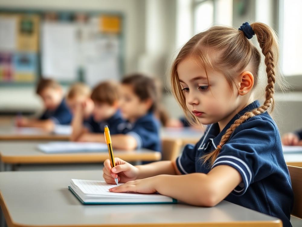 Aluna do Fundamental I escrevendo em caderno durante a aula