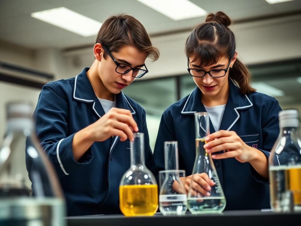 Estudantes do Fundamental II realizando experimento em laboratório de ciências